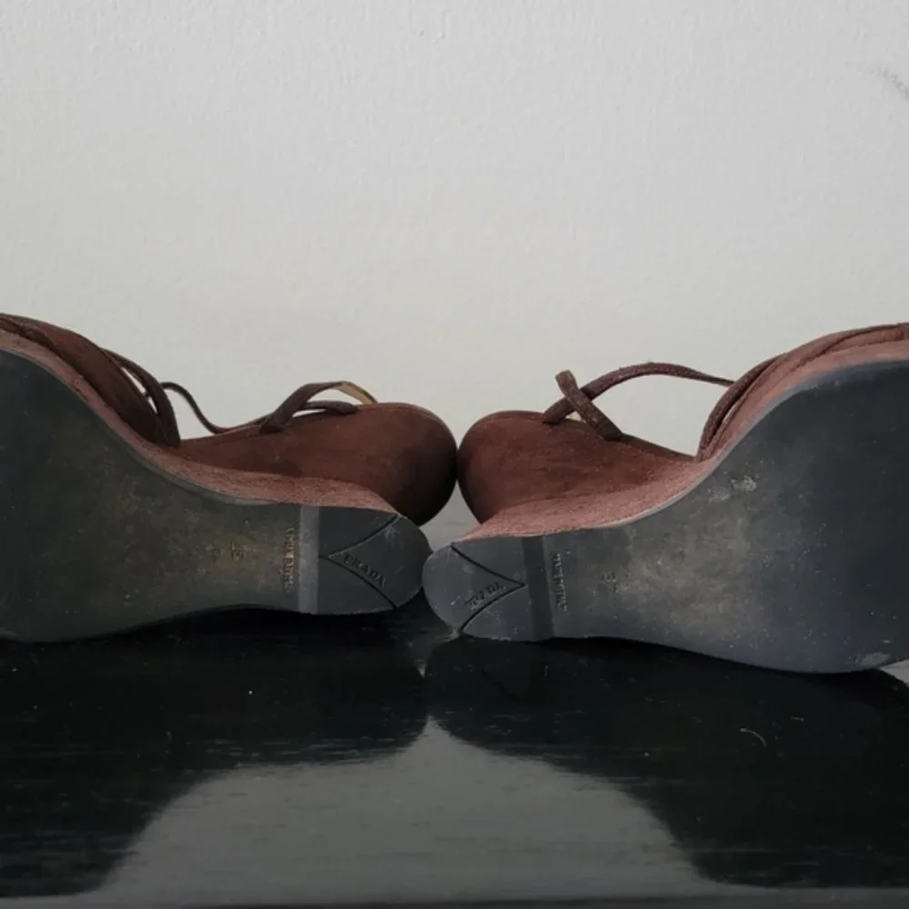 Prada Dark Brown Suede Wedge Sandals Size 37